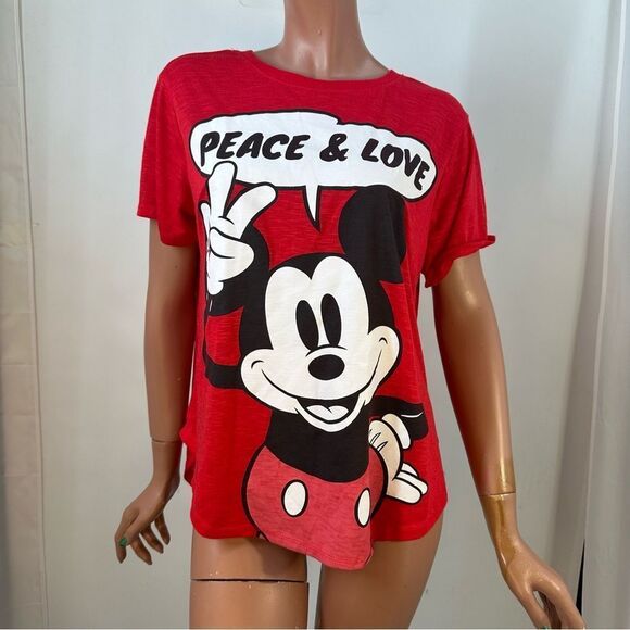 Disney Mickey Mouse "Peace & Love" Women's S/S Red Slub Tee Size XL(15-17) - Picture 1 of 9
